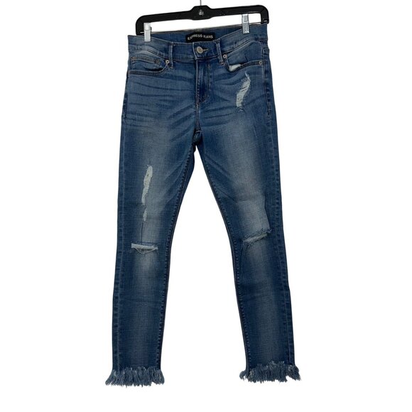 Express Denim - Express Jeans Cropped Distressed Midrise Denim Leggings SZ 6 Frayed Hem Stretch